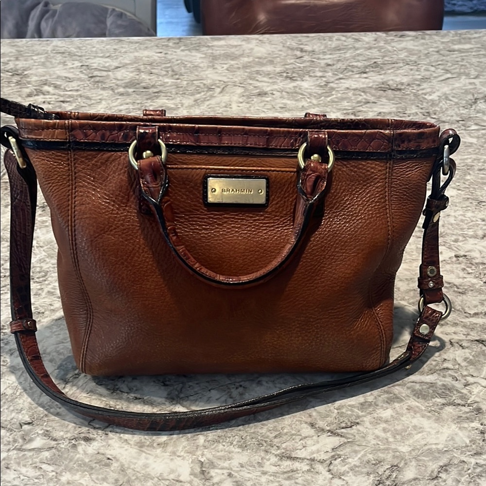 Brahmin Brown Textured Leather Shoulder Bag with Gold Accents